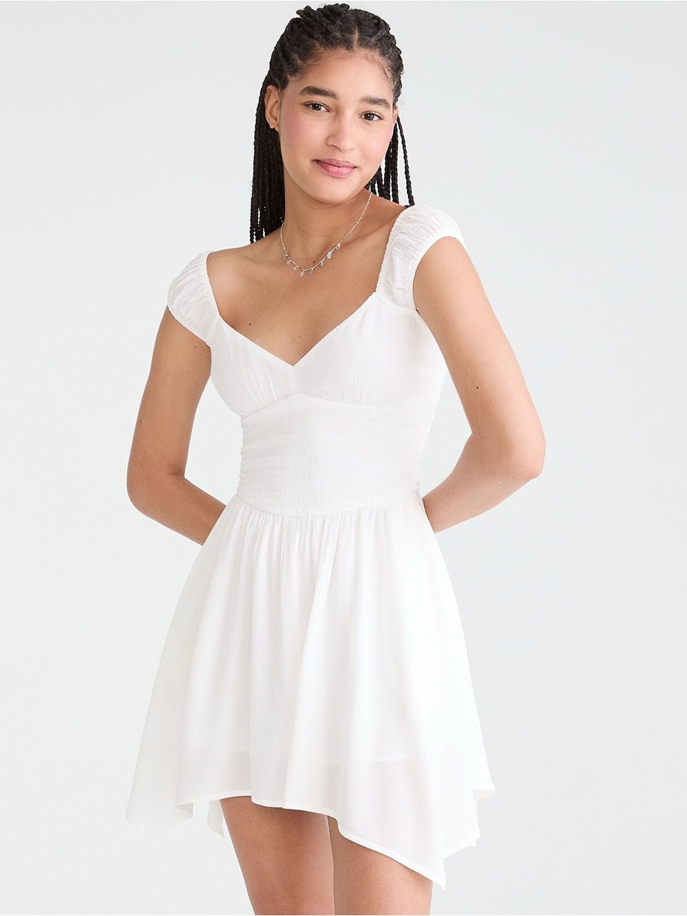 Aéropostale Solid V-Neck Handkerchief Hem Mini Dress Floral White w/ Pockets